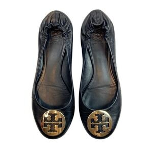 Tory Burch Reva Minnie Black Leather Ballet Flats Gold Logo Womens 7.5
